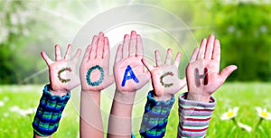 Children Hands Building Word Coach, Grass Meadow