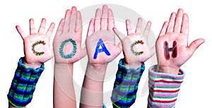 Children Hands Building Word Coach, Isolated Background