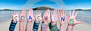 Children Hands Building Word Coaching, Ocean Background