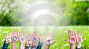 Children Hands Building Word Contact Me, Grass Meadow