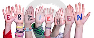 Children Hands Building Word Erziehen Means Educate, Isolated Background