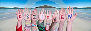 Children Hands Building Word Erziehen Means Educate, Ocean Background