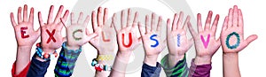 Children Hands Building Word Exclusivo means Exclusive, Isolated Background photo