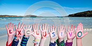 Children Hands Building Word Exclusivo means Exclusive, Ocean And Sea photo