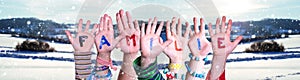 Children Hands Building Word Familie Means Family, Snowy Winter Background