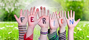 Children Hands Building Word Ferien Means Holidays, Grass Meadow