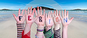 Children Hands Building Word Ferien Means Holidays, Ocean Background