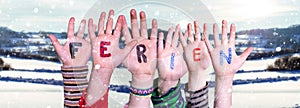 Children Hands Building Word Ferien Means Holidays, Winter Scenery