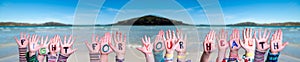 Children Hands Building Word Fight For Your Health, Ocean Background