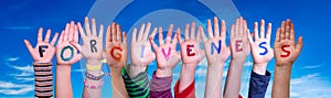 Children Hands Building Word Forgiveness, Blue Sky