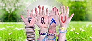 Children Hands Building Word Frau Means Woman, Grass Meadow photo