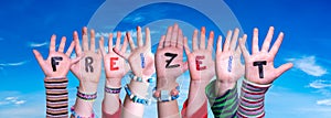 Children Hands Building Word Freizeit Means Leisure, Blue Sky photo