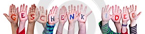 Children Hands Building Word Geschenk Idee Means Gift Idea, Isolated Background photo