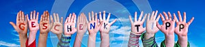 Children Hands Building Word Geschenk Tipp Means Gift Tip, Blue Sky