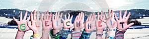 Children Hands Building Word Gleichheit Means Equality, Snowy Winter Background