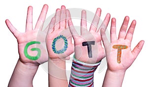 Children Hands Building Word Gott Means God, Isolated Background