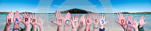 Children Hands Building Word Happy Mothers Day, Ocean Background