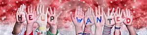 Children Hands Building Word Help Wanted, Red Christmas Background