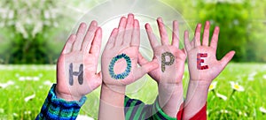 Children Hands Building Word Hope, Grass Meadow