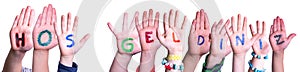 Children Hands Building Word Hos Geldiniz Means Welcome, Isolated Background