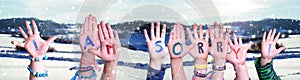 Children Hands Building Word I Am Sorry, Snowy Winter Background