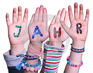 Children Hands Building Word Jahr Means Year, Isolated Background photo