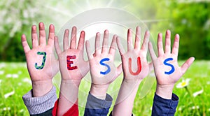 Children Hands Building Word Jesus, Grass Meadow