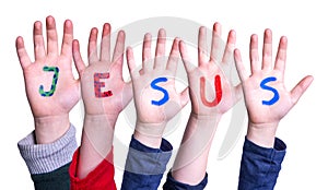 Children Hands Building Word Jesus, Isolated Background