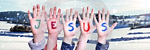 Children Hands Building Word Jesus, Winter Background