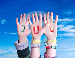 Children Hands Building Word Jul Means Christmas, Blue Sky