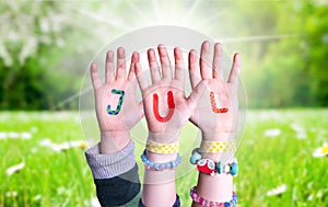 Children Hands Building Word Jul Means Christmas, Grass Meadow