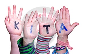 Children Hands Building Word KITA Means Kindergarden, Isolated Background