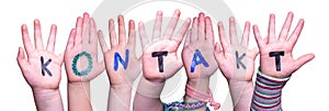 Children Hands Building Word Kontakt Means Contact, Isolated Background