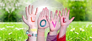 Children Hands Building Word Love, Grass Meadow