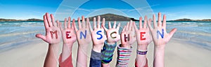 Children Hands Building Word Menschen Means Human, Ocean Background