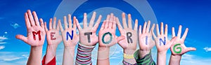 Children Hands Building Word Mentoring, Blue Sky photo