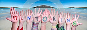 Children Hands Building Word Mentoring, Ocean Background