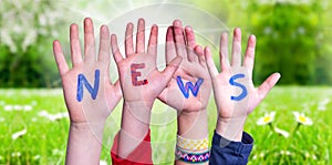 Children Hands Building Word News, Grass Meadow