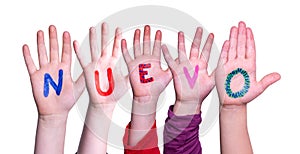 Children Hands Building Word Nuevo, Isolated Background