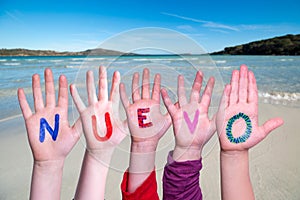 Children Hands Building Word Nuevo, Ocean And Sea