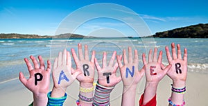 Children Hands Building Word Partner, Sea And Ocean Background