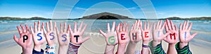 Children Hands Building Word Pssst Geheim Means Pssst Secret, Ocean Background