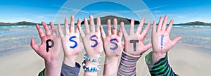 Children Hands Building Word PSSST, Ocean Background