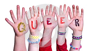 Children Hands Building Word Queer, Isolated Background