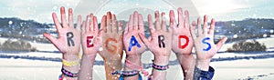 Children Hands Building Word Regards, Snowy Winter Background