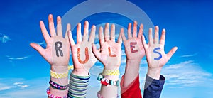 Children Hands Building Word Rules, Blue Sky