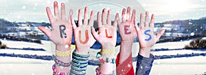 Children Hands Building Word Rules, Snowy Winter Background