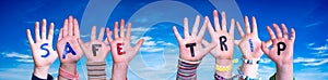 Children Hands Building Word Safe Trip, Blue Sky