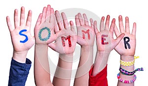 Children Hands Building Word Sommer Means Summer, Isolated Background