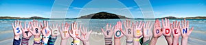 Children Hands Building Word Strictly Forbidden, Ocean Background